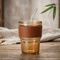 Premium Amber Glass Coffee Tumbler �Travel Mug with Leather Heat Sleeve, Glass Straw (400ml)