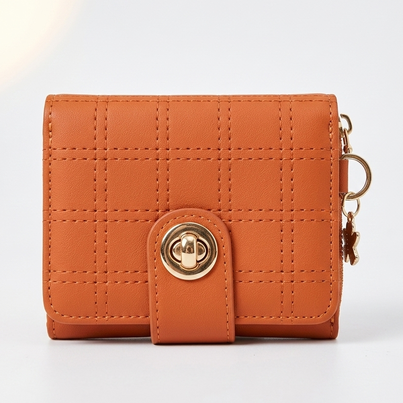 Stylish Compact Check Pattern PU Leather Wallet with Metal Button Closure ~ Pink