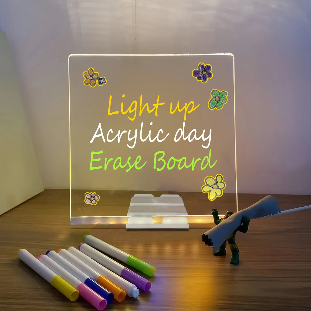 LED Light-Up Writing Board With 7 Marker �15?15 cm Acrylic Message Pad with Stand | Colorful DIY Notes & Erasable Neon Pens