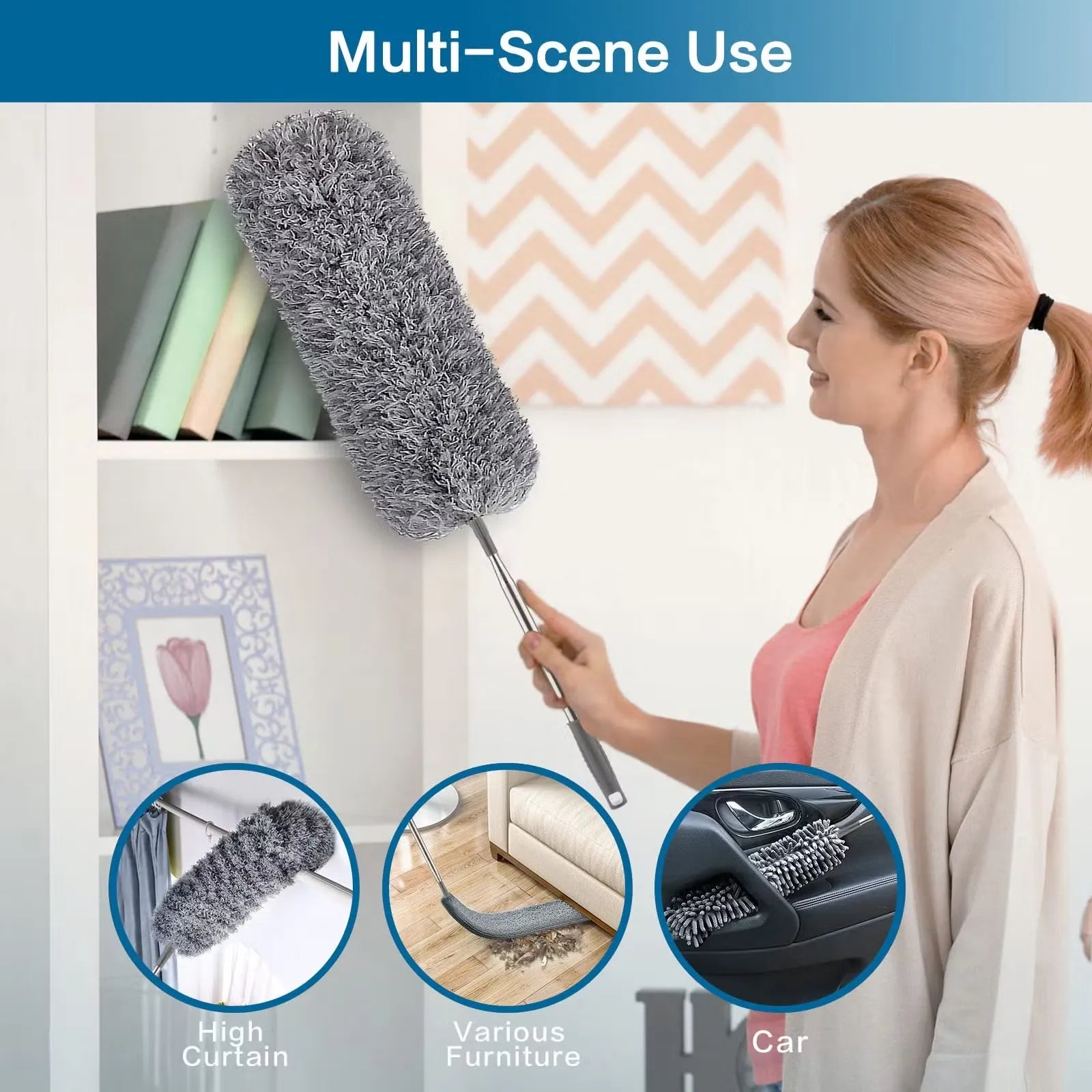 Extendable Microfiber Duster Feather Duster With Extra Long Pole Bendable Washable Head For Ceiling Fans Cars Blinds Cobweb ~ 2.25 Meter