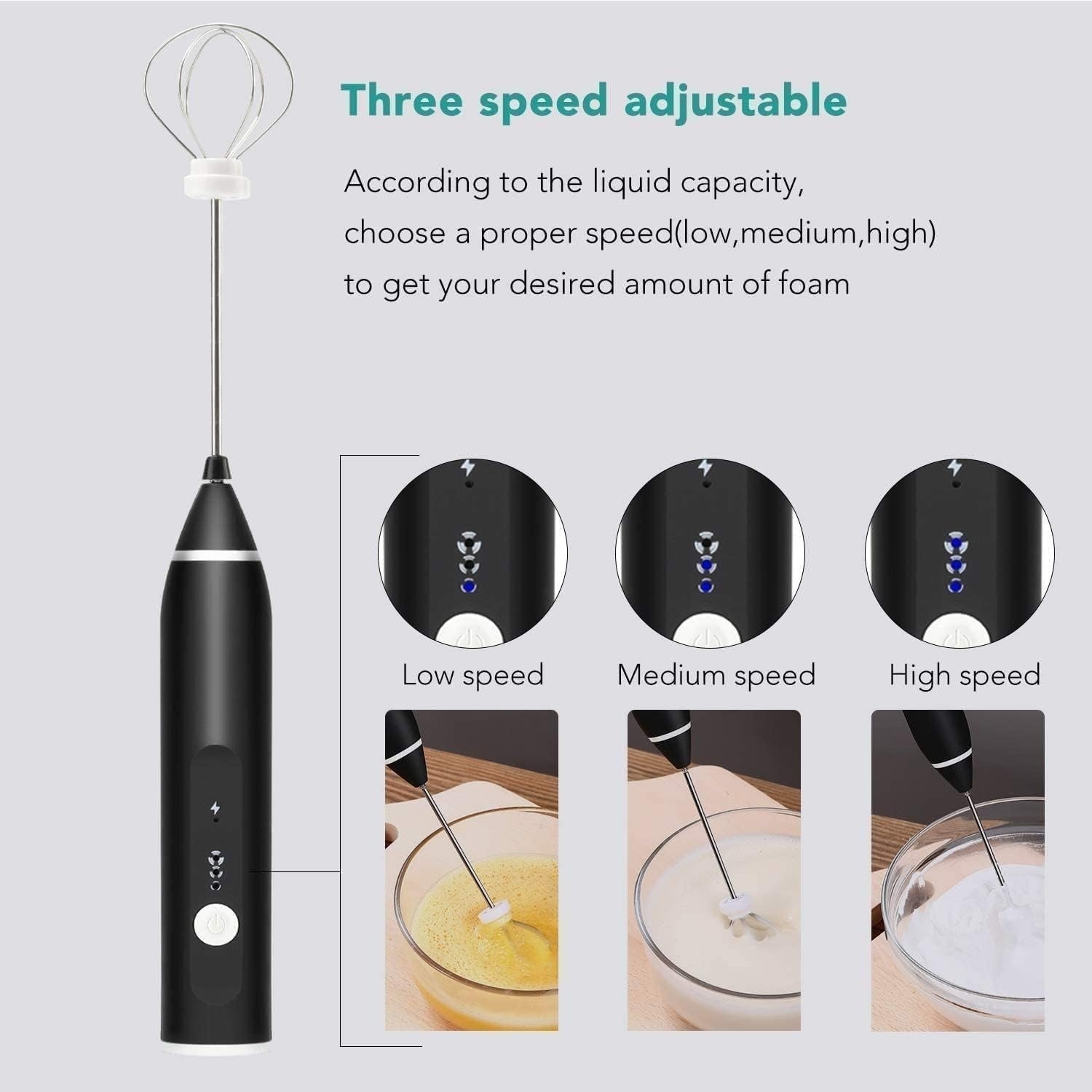 2 In 1 Rechargeable Milk Frother Wand �Powerful Handheld Whisk & Drink Mixer For Coffee, Latte, Cappuccino, Hot Chocolate & Beverages (Black)