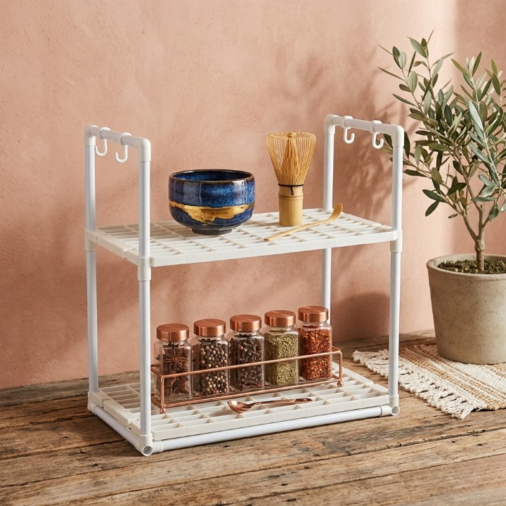 Microwave Oven Storage Rack 2-Tier Kitchen Organizer | Space-Saving Carbon Steel Shelf For Countertop And Utensils | Random Colour ~ Plastic