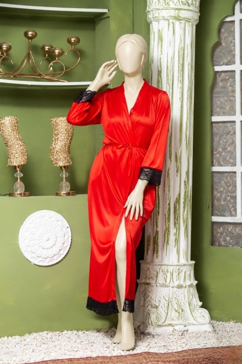 Elegant Luxury Silk Night Gown with Delicate Lace Trim - Comfortable Sleepwear for Women Free Size -  Sku : R-016 - Red
