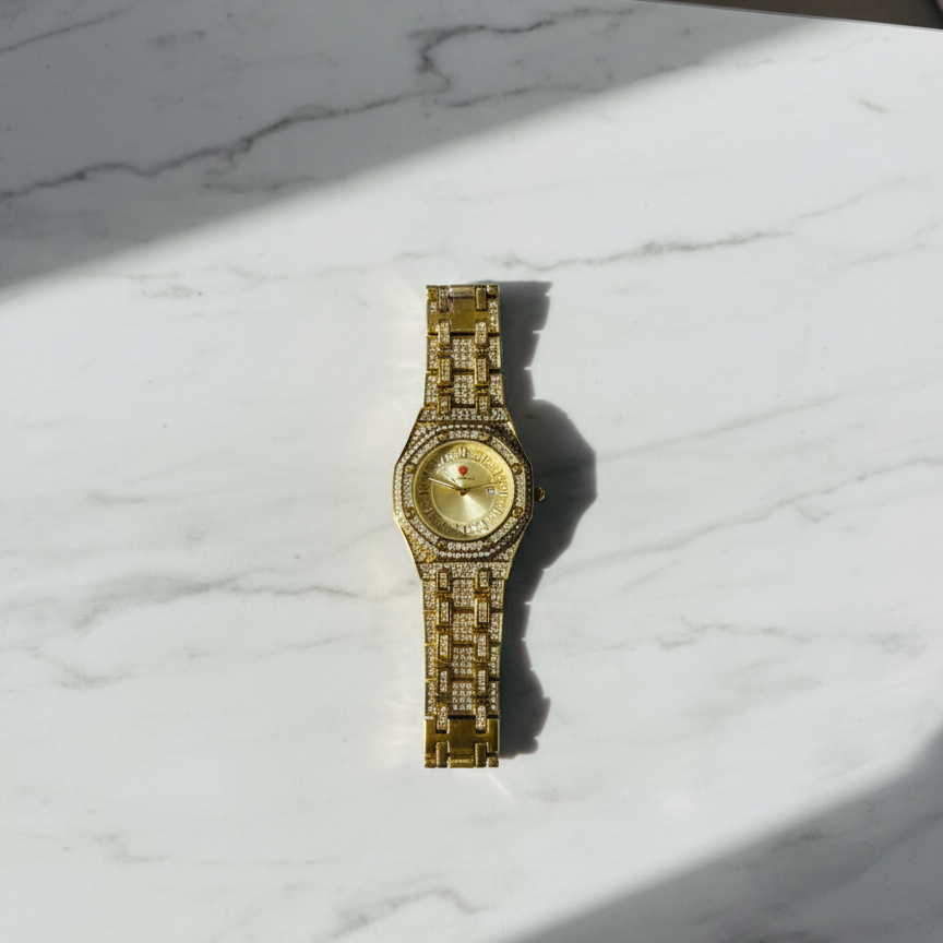 Luxury Gold Diamond-Studded Wrist Watch �Premium Designer Style Quartz Watch for Men & Women (Without Box)