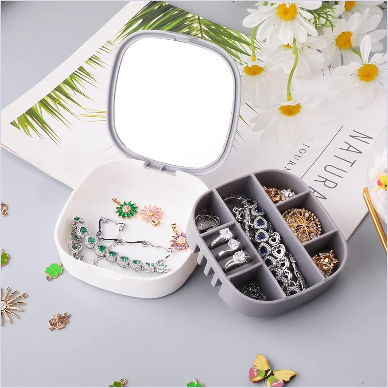 Portable Mini Jewelry Storage Box with Built-In Mirror �Compact Travel Organizer for Rings, Earrings, and Necklaces (Model LD-988)