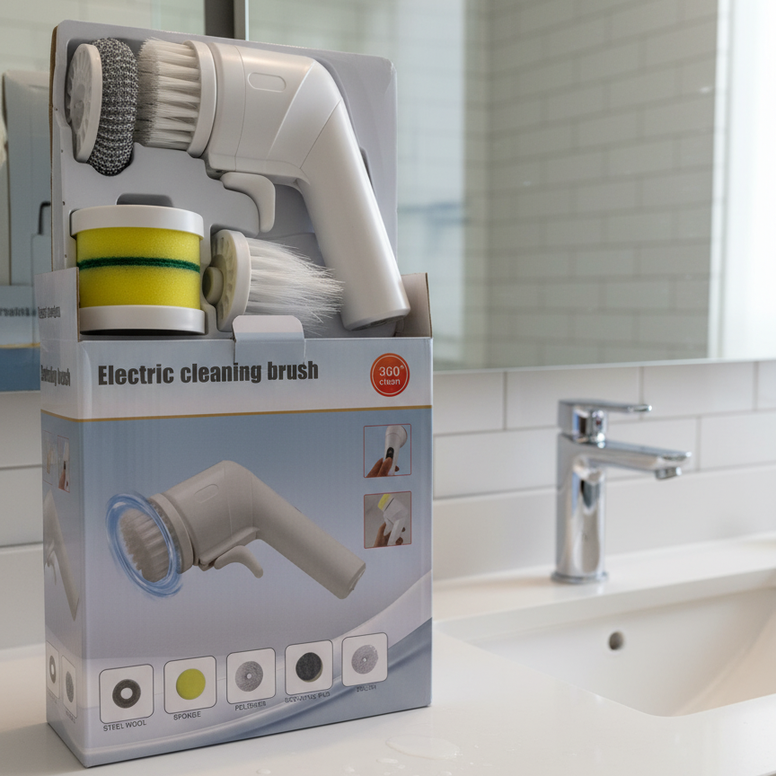 Electric Cleaning Brush With Multiple Attachments For Efficient Home Cleaning �360? Rotating Scrubber With Sponge, Brush, And Steel Wool Heads