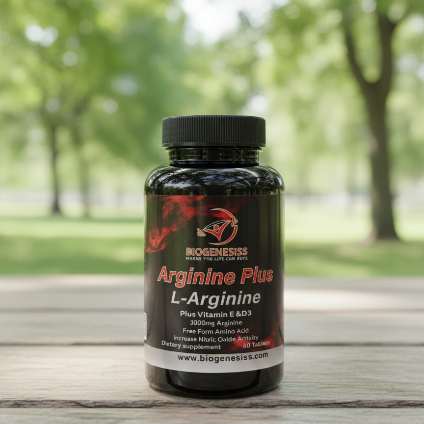 Biogenesiss Arginine Plus Premium L-Arginine Complex �1000mg Free Form Amino Acid with Vitamins E & D3 for Nitric Oxide Boost, Circulation, and Muscle Recovery (60 Tablets)