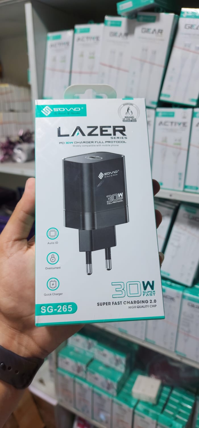 SOVO SG-265 LAZER 30W Super Fast C to C Charger �PD & QC 3.0 Type-C Adapter with Type-C Cable
