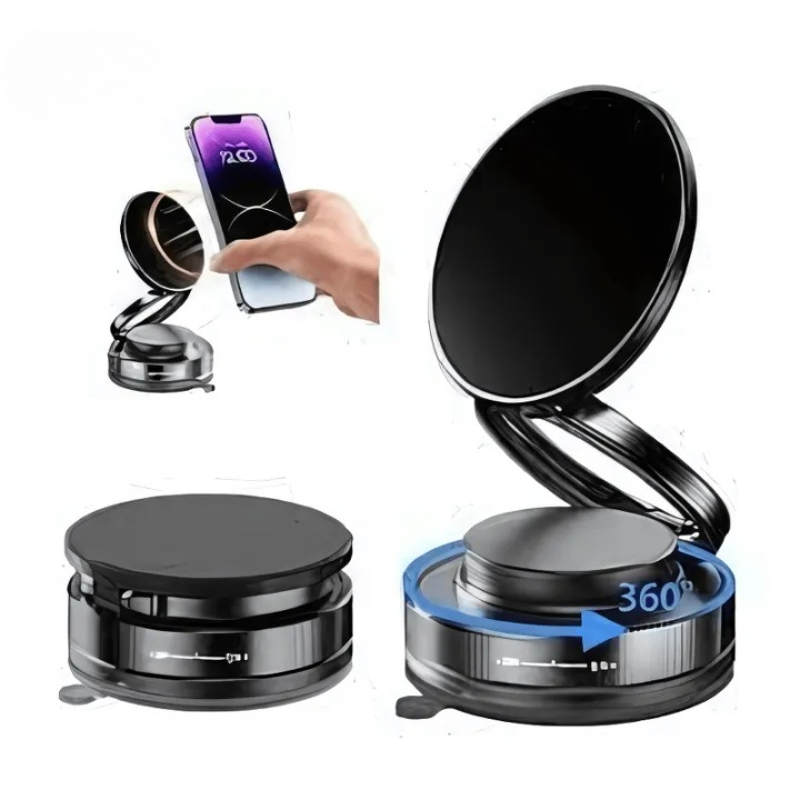 360? Folding Magnetic Phone Holder with Vacuum Suction | Strong Dashboard & Windshield Car Mount | Adjustable Mobile & Desk Stand