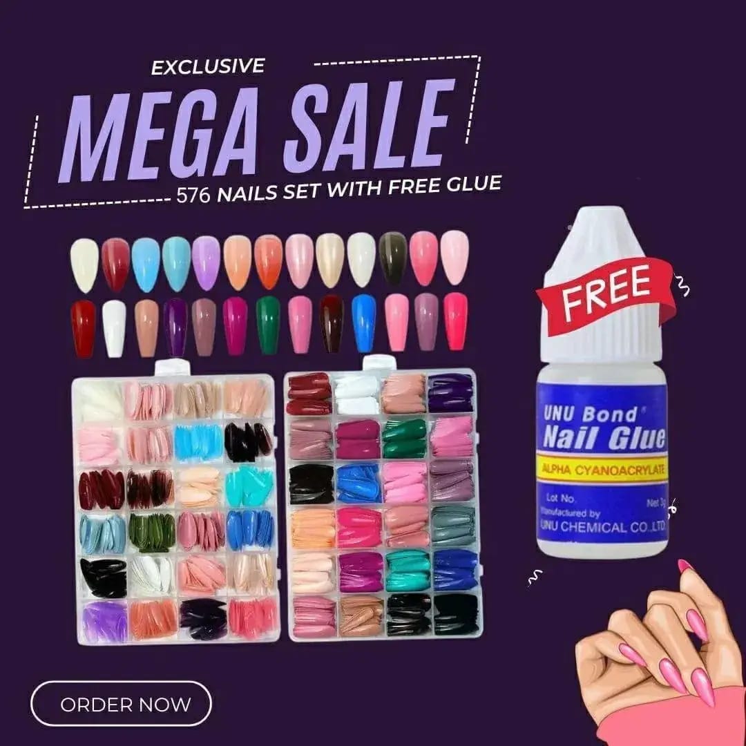 576 Pcs Multicolor Stick-On Artificial Nails Box