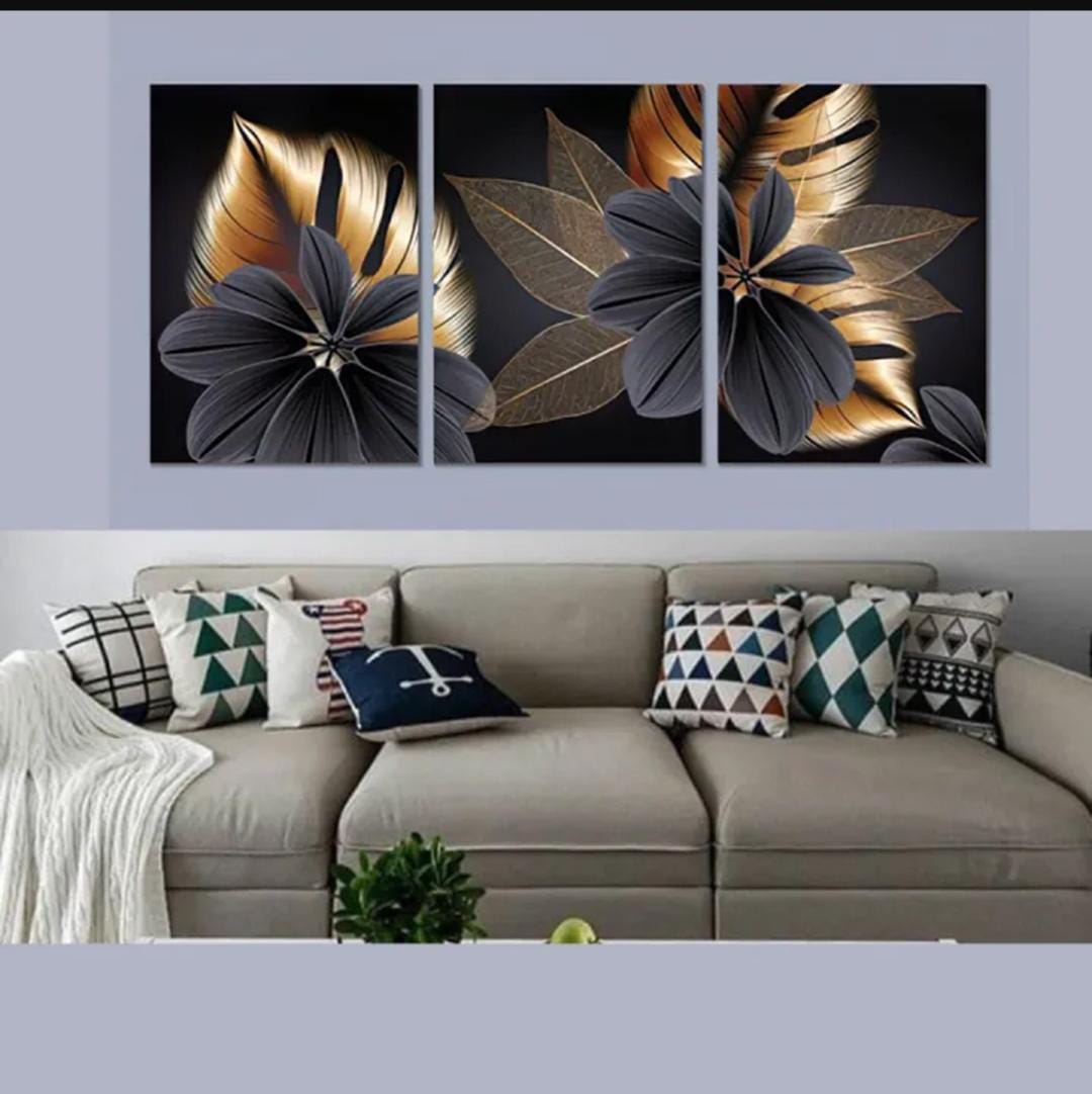 Luxury Floral Wall Art Set �3 Wooden Frames (8x11� with Elegant Black & Gold Botanical Design | Easy Wall Mounting with Double Tape
