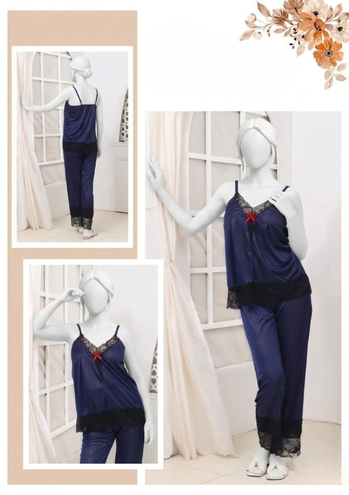Women's Silk Top Pajama Set with Lace �Luxury Sleepwear Collection (Free Size) [SKU R-012] - Red