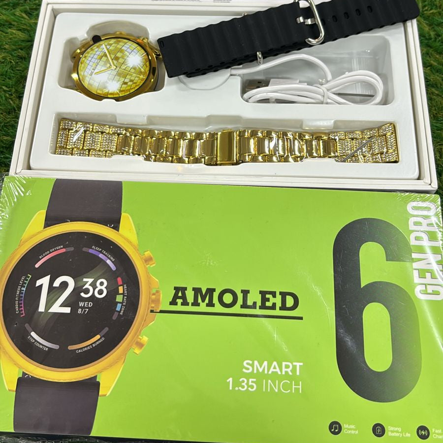 GEN PRO 6 AMOLED Smartwatch �Display with Dual Straps (Silicone + Golden Metal Strap)