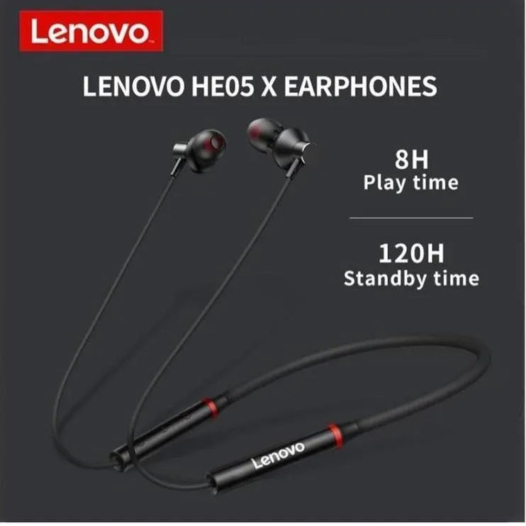 Lenovo HE05X Bluetooth 5.0 Magnetic Neckband Earphones with Mic �8 Hours Playtime, Sweatproof Sports Headset