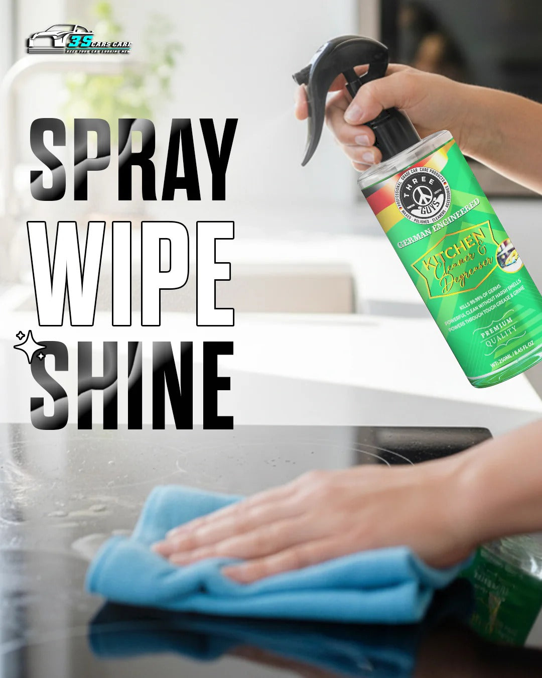 Kitchen Cleaner & Degreaser �Heavy Duty, Germ-Killing & Grease-Fighting Formula | THREE GUYS - German Engineered (250) ML
