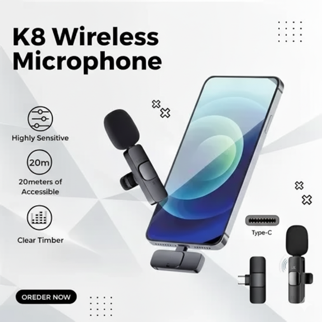 K8 Wireless Collar Microphone ?? Type-C Android Supported | Noise Reduction | Vlogging, YouTube & Podcast Mic