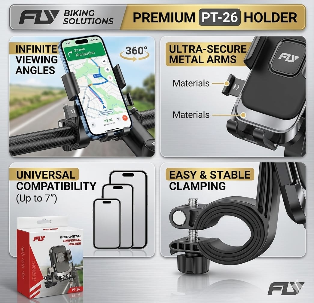 FLY Universal Mechanical Bike & Motorcycle Phone Mount �360? Adjustable Handlebar Bracket for Bicycles, Scooters & E-Bikes
