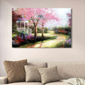 Pink Cherry Blossom Garden Wall Decor | Romantic Gazebo Landscape Painting | Wooden Art Frame 12x16 Inches