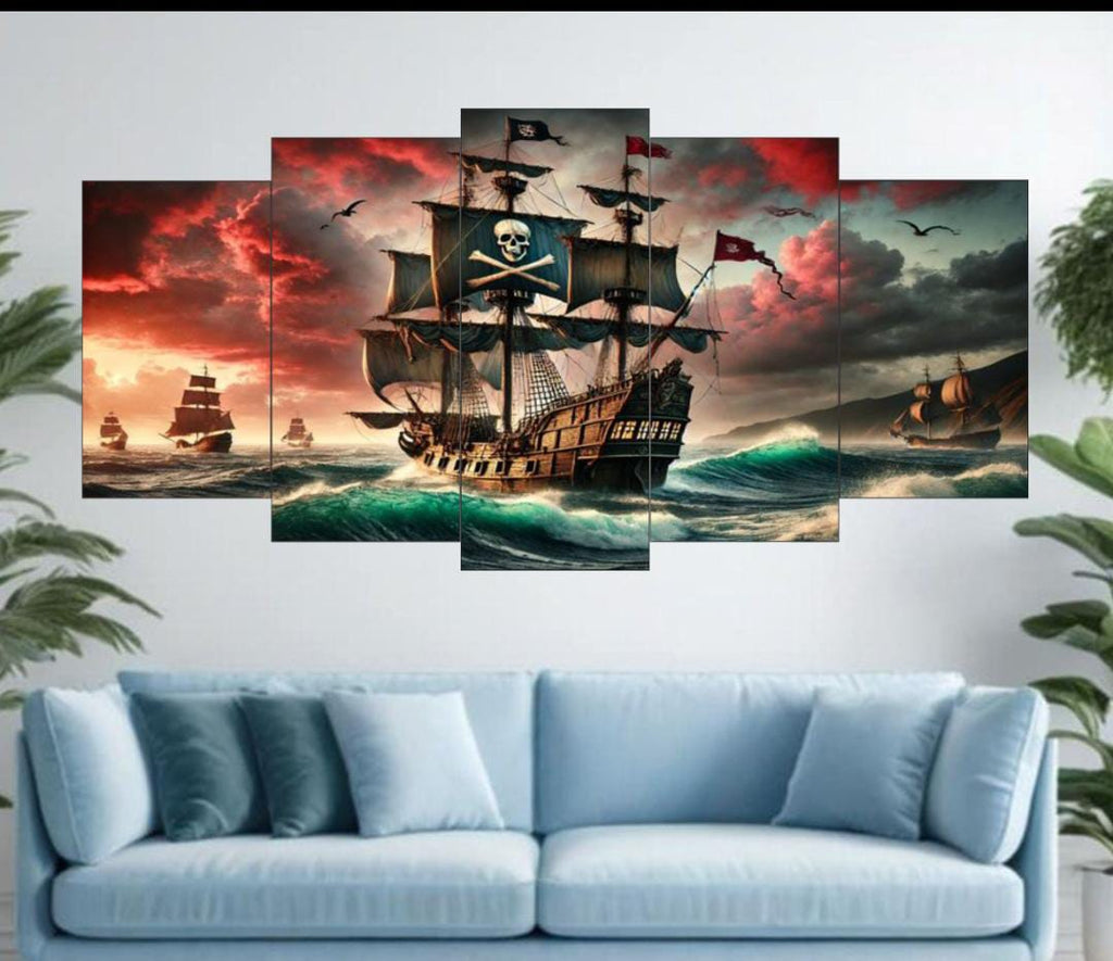 Pirate Ship Ocean Voyage Wall Art �5-Piece Canvas Set (16x40 inches) | Wooden Sticky Tile Frames with Double Tape