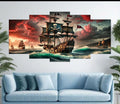 Pirate Ship Ocean Voyage Wall Art �5-Piece Canvas Set (16x40 inches) | Wooden Sticky Tile Frames with Double Tape