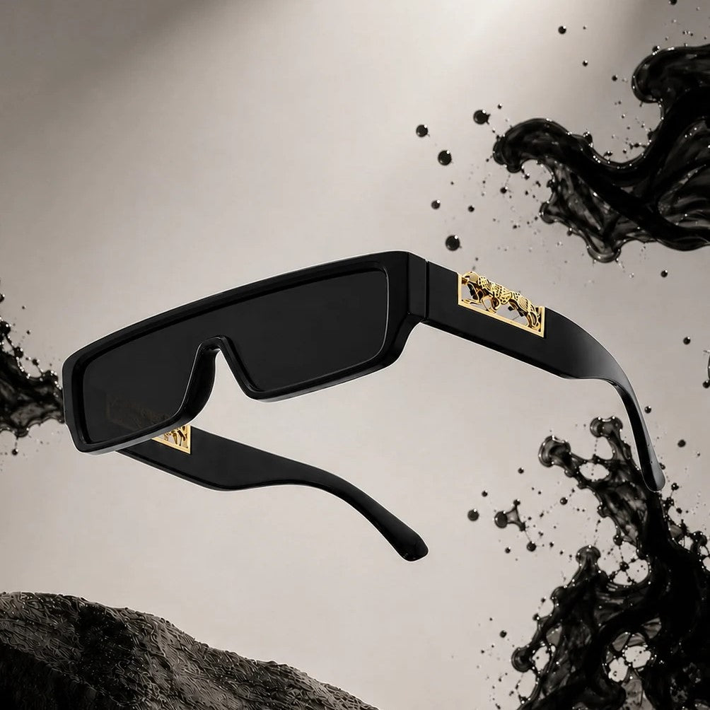 Leopard Logo Unisex Full-Rim Rectangular UV400 Sunglasses | Black Tint Lightweight Frame | Casual Street Style Eyewear