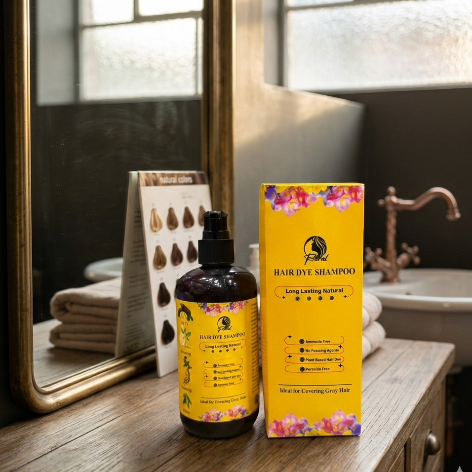 Floral Natural Hair Dye Shampoo | 200ml | Ammonia-Free Herbal Formula | Long-Lasting Gray Coverage