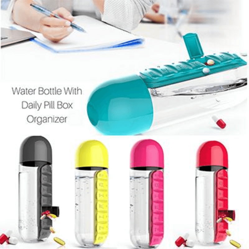 2 In 1 Water Bottle With Built In 7 Day Pill Organizer And Cup Cap Durable Portable Design For Daily Use | Random Color