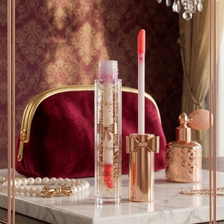 Luxury Pink Glossy Lip Oil With Gold Flakes High Shine Moisturizing Formula