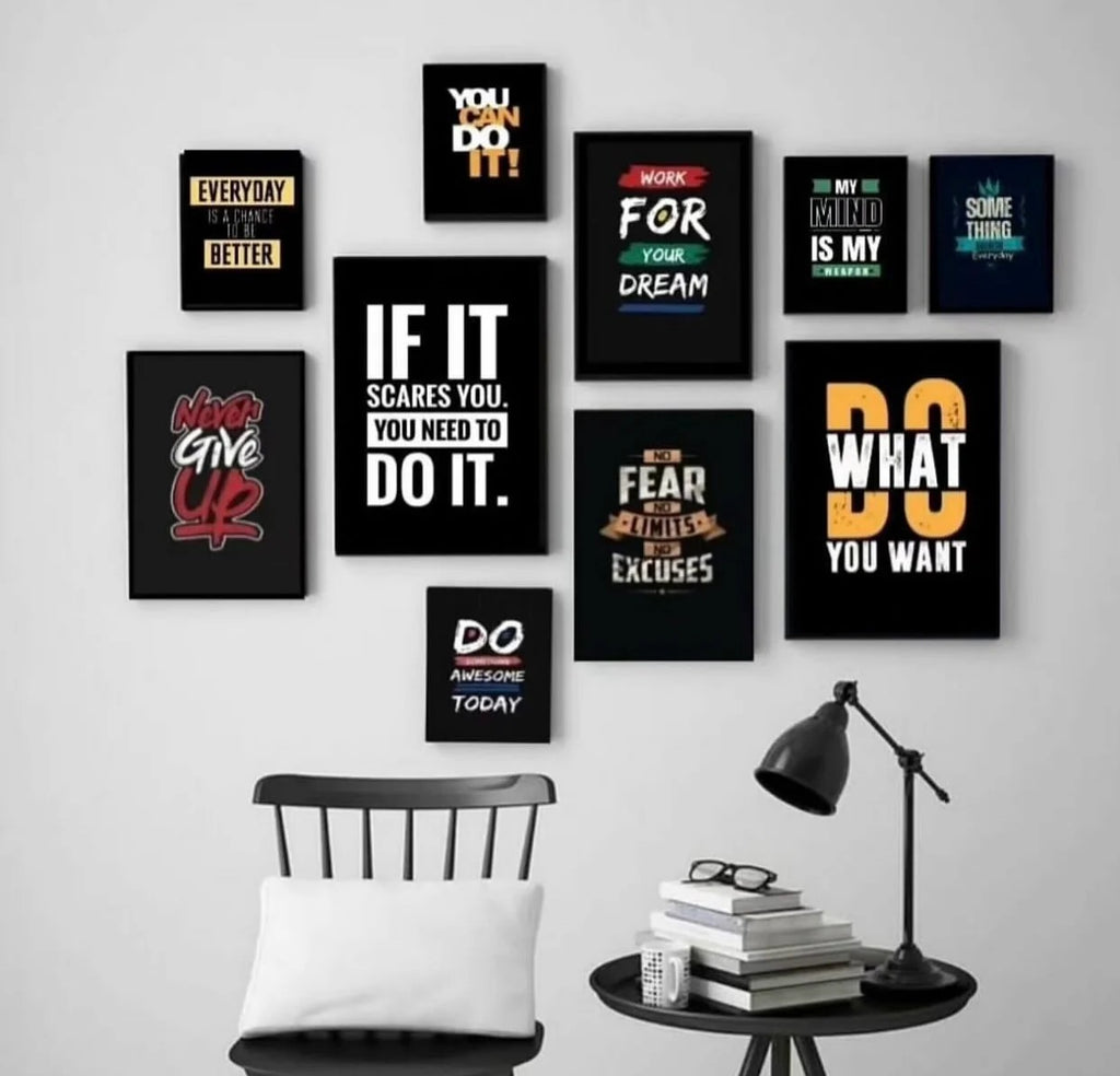 Modern 10-Piece Yellow &amp; Black Motivational Wall Art Set wooden sticky phototile frames