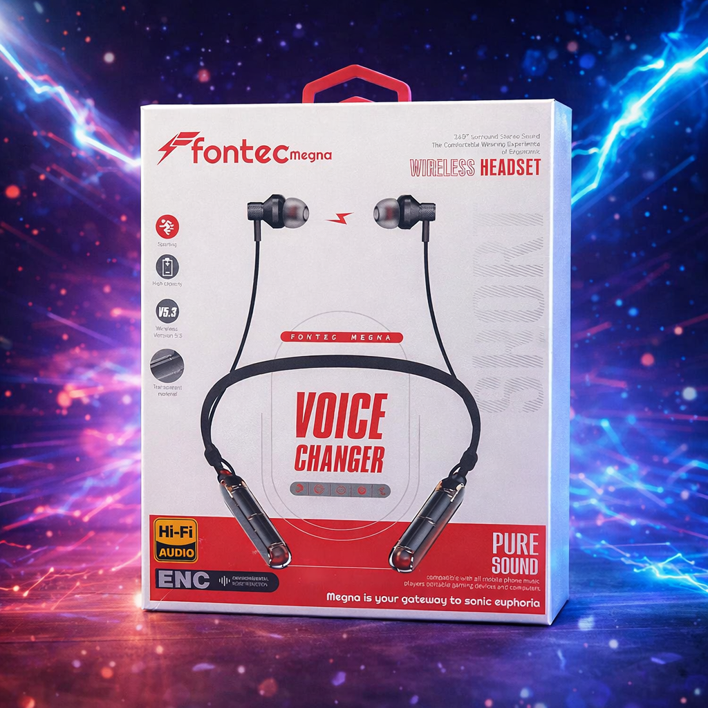 Fontec Magna Wireless Neckband Bluetooth Earphones �Integrated 5-Mode Voice Changer, Hi-Fi Audio & ENC Noise Reduction - Random Color