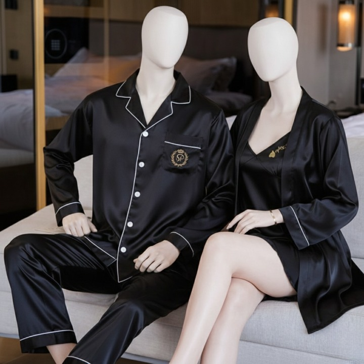 Couple Night Dress Silk Sleepwear Set �4-Piece Pajama & Robe Set | SKU: DC-C012 | Maroon