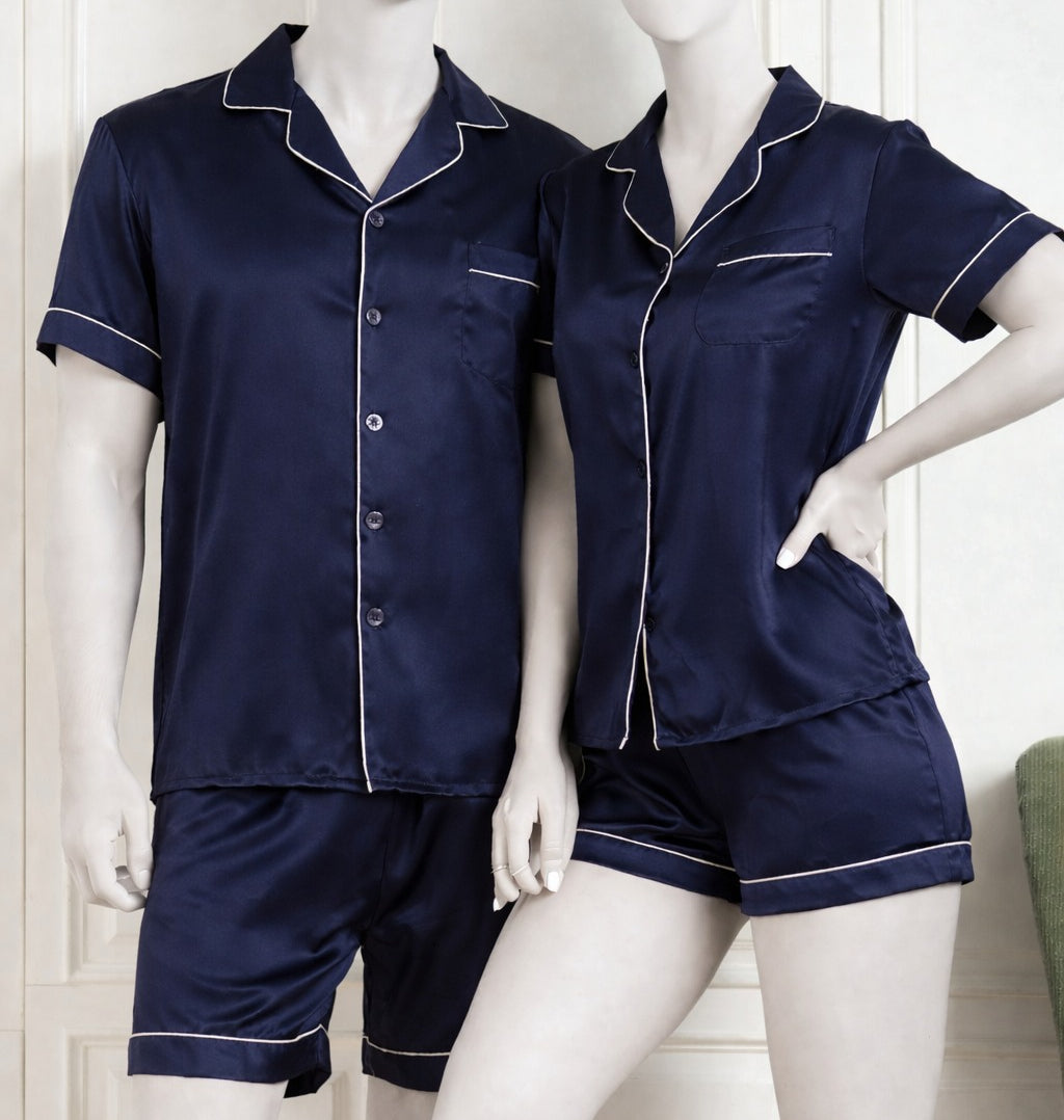 Couple Night Dress Silk Pajama Set �Short Sleeve Shirt & Shorts (4 Pcs) | SKU DC-C014 | Maroon