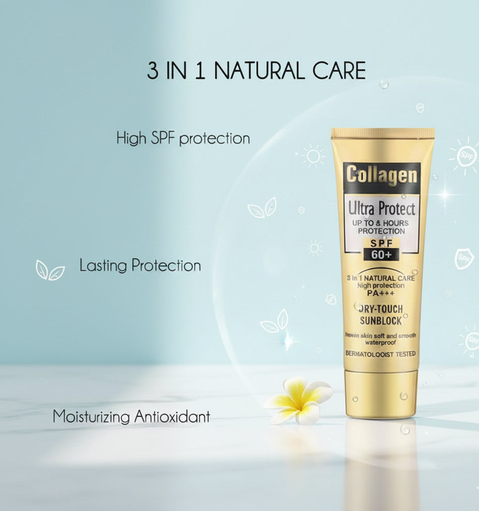 Collagen Ultra Protect Sunblock: High SPF 60+ PA+++, 3-in-1 Natural Care for Lasting, Moisturizing, and Waterproof Protection
