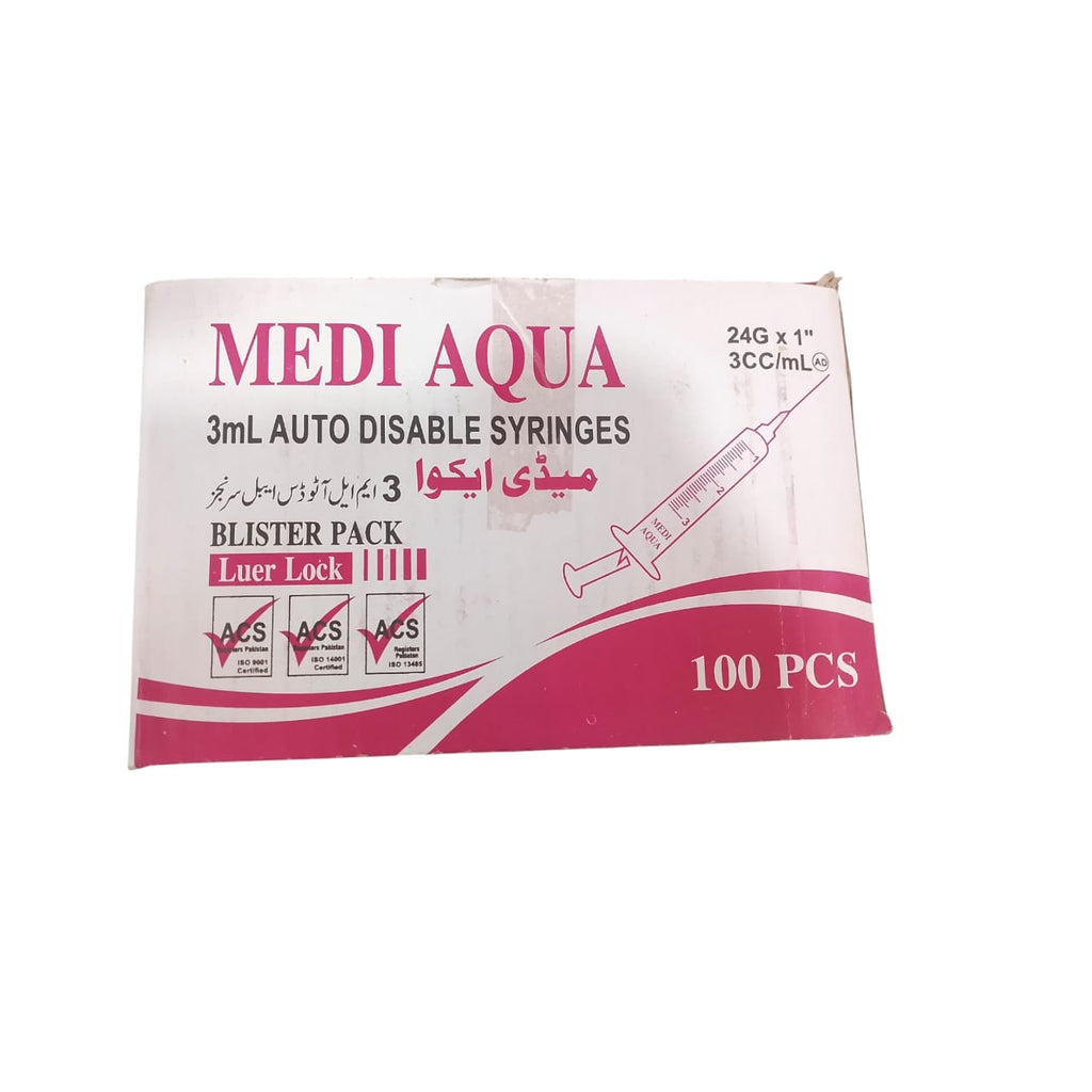 Medi Aqua 3cc Syringes �Precision, Safety & Comfort for Medical Use, Designed for Accurate Dosage, Smooth Injection & Reliable Patient Care Every Time (Pack of 100)