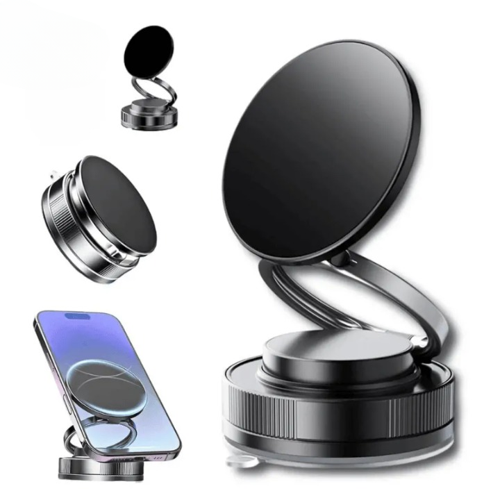 360? Folding Magnetic Phone Holder with Vacuum Suction | Strong Dashboard & Windshield Car Mount | Adjustable Mobile & Desk Stand
