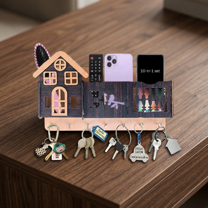 Decorative Wooden House Key Holder �Wall Mounted Key Organizer with 6 Hooks & Marble Finish Design
