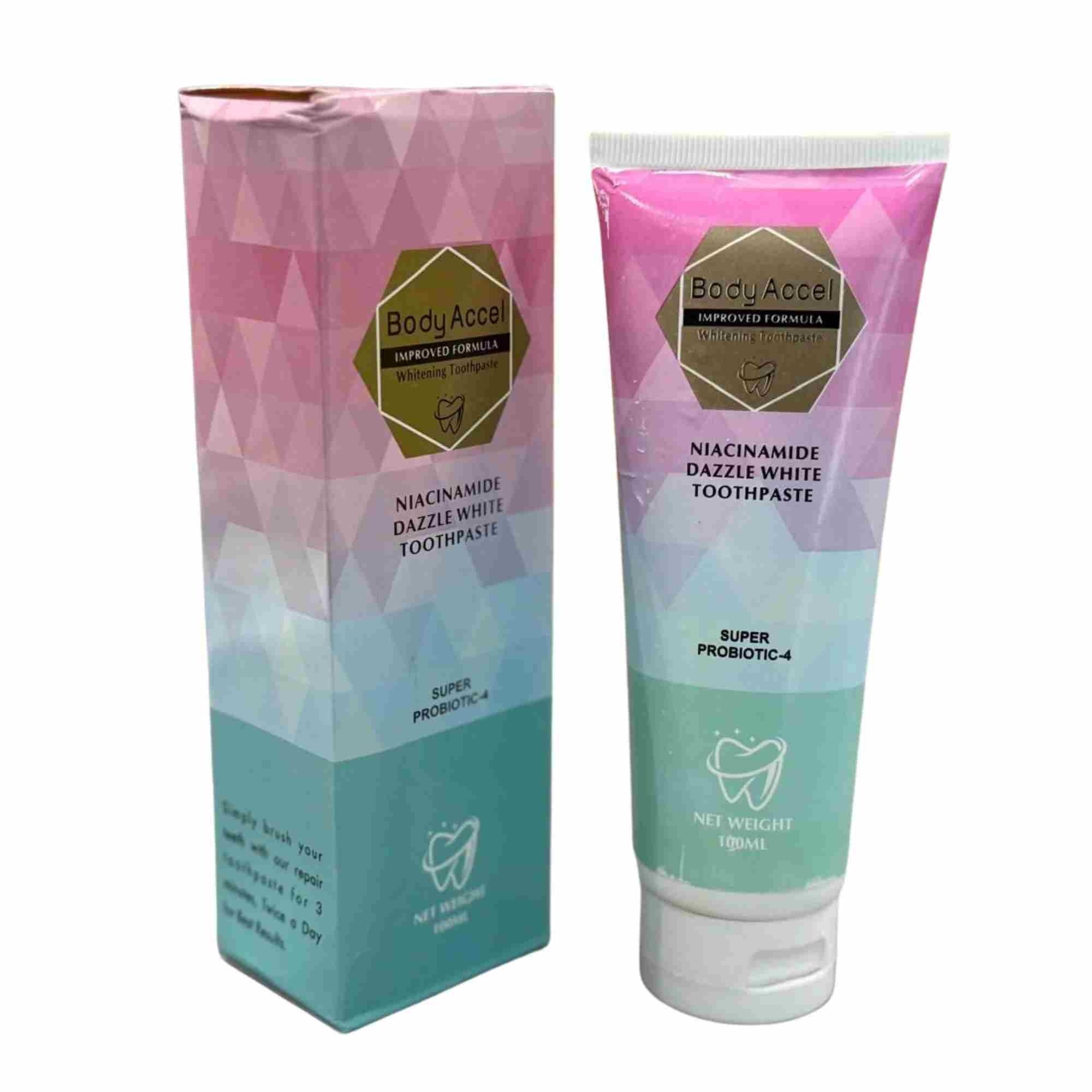 Body Accel Niacinamide Whitening Toothpaste 100ml �Advanced Stain Removal with Probiotics for Bright Smile & Fresh Breath