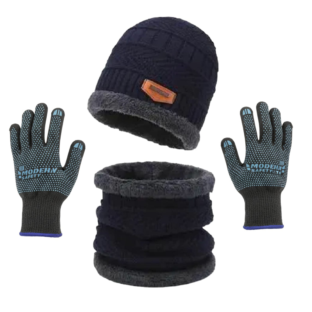Premium Knitted Beanie Cap, Neck Gaiter And Touchscreen Gloves Combo Pack | Complete Winter Essentials For Cold Weather Protection (Random Color)