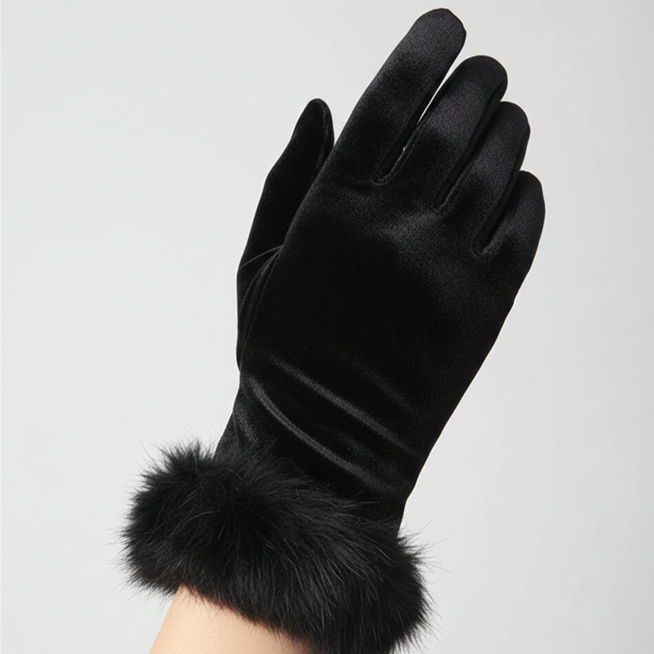 Women's & Girls Black Winter Velvet Gloves with Fur Cuff �Warm Soft Hand Gloves (1 Pair)