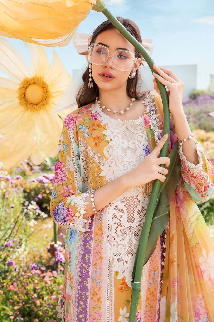 Luxury Multi Floral Embroidered Lawn 3 Piece Unstitched Suit with Chiffon Dupatta �Summer Collection