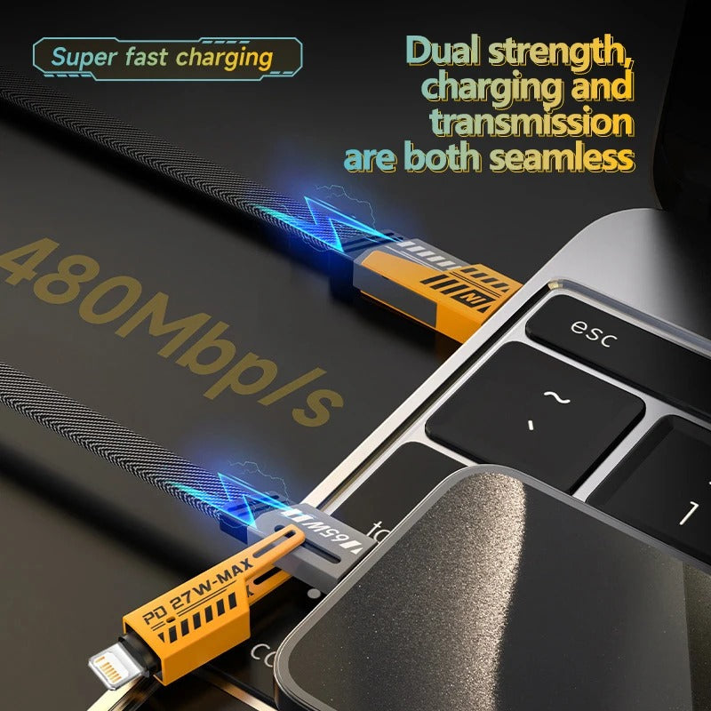 4 In 1 Data Cable �USB-C & Lightning Connectors, Braided Durable Design, Fast Charging (Without Box)