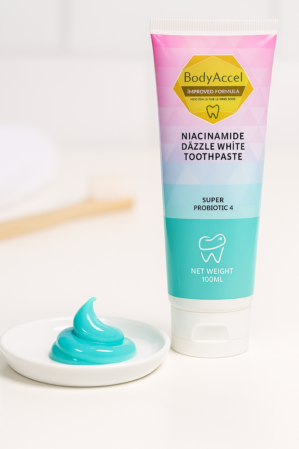 Body Accel Niacinamide Whitening Toothpaste 100ml �Advanced Stain Removal With Probiotics For Bright Smile & Fresh Breath