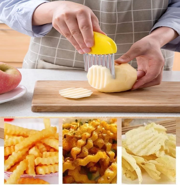 French Fry Crinkle Cutter �Stainless Steel Wavy Slicer Knife for Potatoes, Vegetables & Fruits | Easy Grip Chopper Tool for Kitchen Cutting & Garnishing