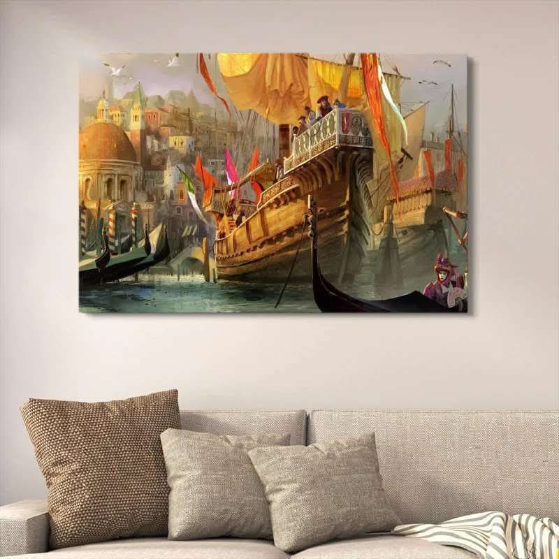 Venetian Merchant Ships Painting Canvas Wall Art With Double Tape | 12x16 Inches