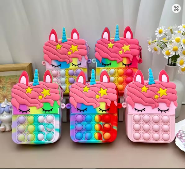 Small Sleepy Unicorn Star Pop Fidget Bag With Long Ribbon Strap Silicone Multi Purpose Storage Accessory (Random Color)
