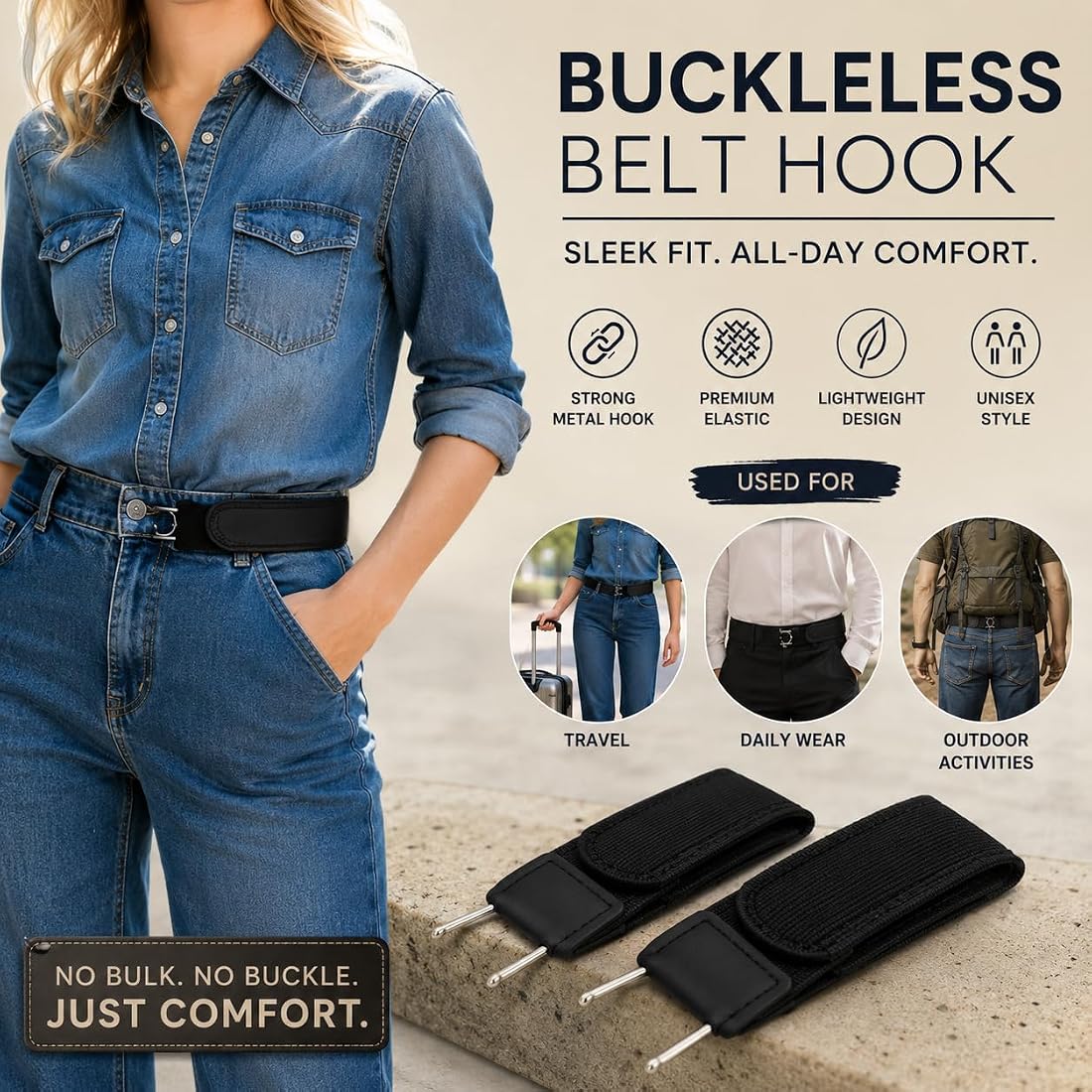Adjustable Buckleless Elastic Waist Belt With Metal