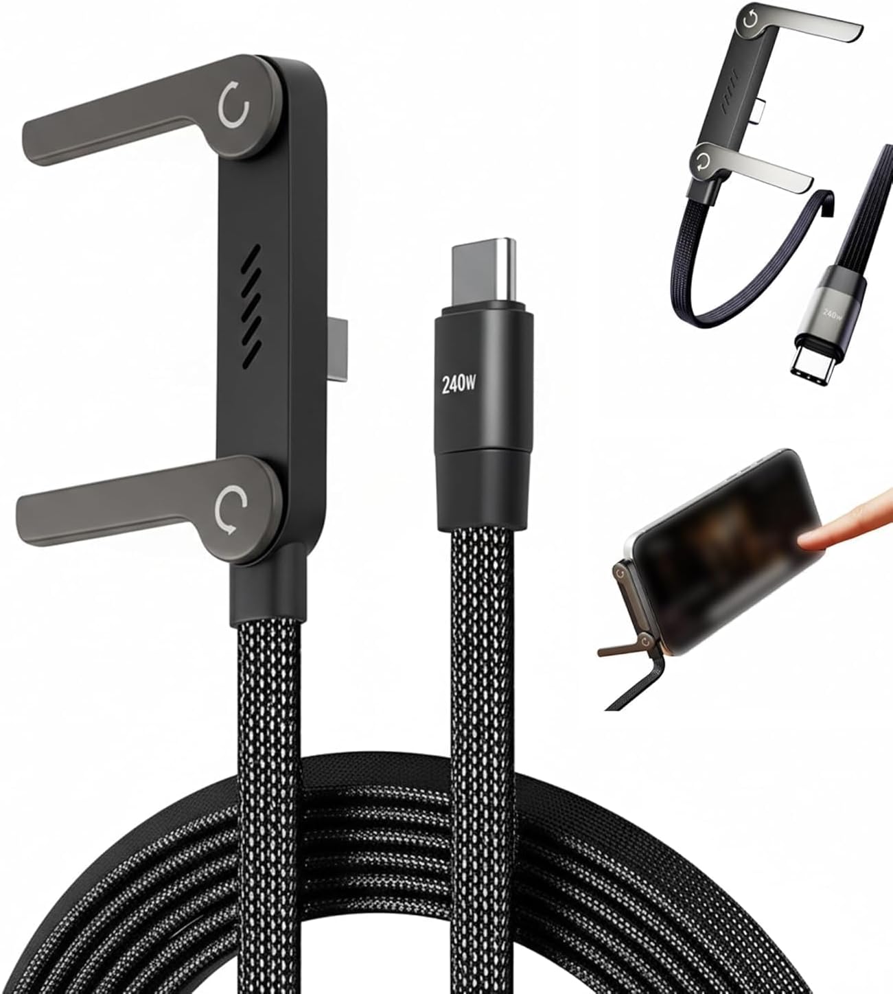 2-In-1 Data Cable With Stand | Nylon Braided USB C To USB C Cable 1.5M | 240W Fast Charging Cord For Smartphones, Tablets & Laptops