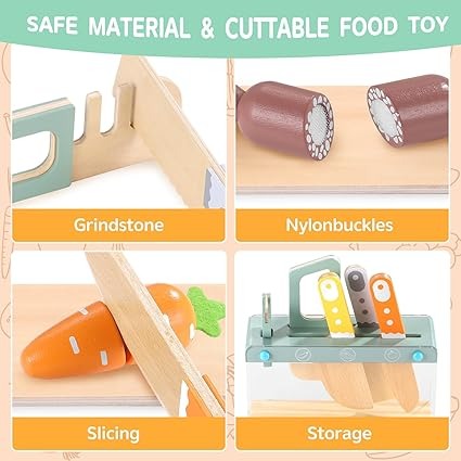 Wooden Kids Play Kitchen Set with Toy Utensils & Velcro Food �Montessori Pretend Cooking Playset