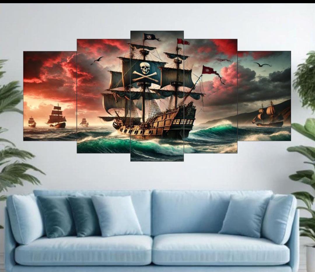 Pirate Ship Ocean Voyage Wall Art �5-Piece Canvas Set (16x40 inches) | Wooden Sticky Tile Frames with Double Tape