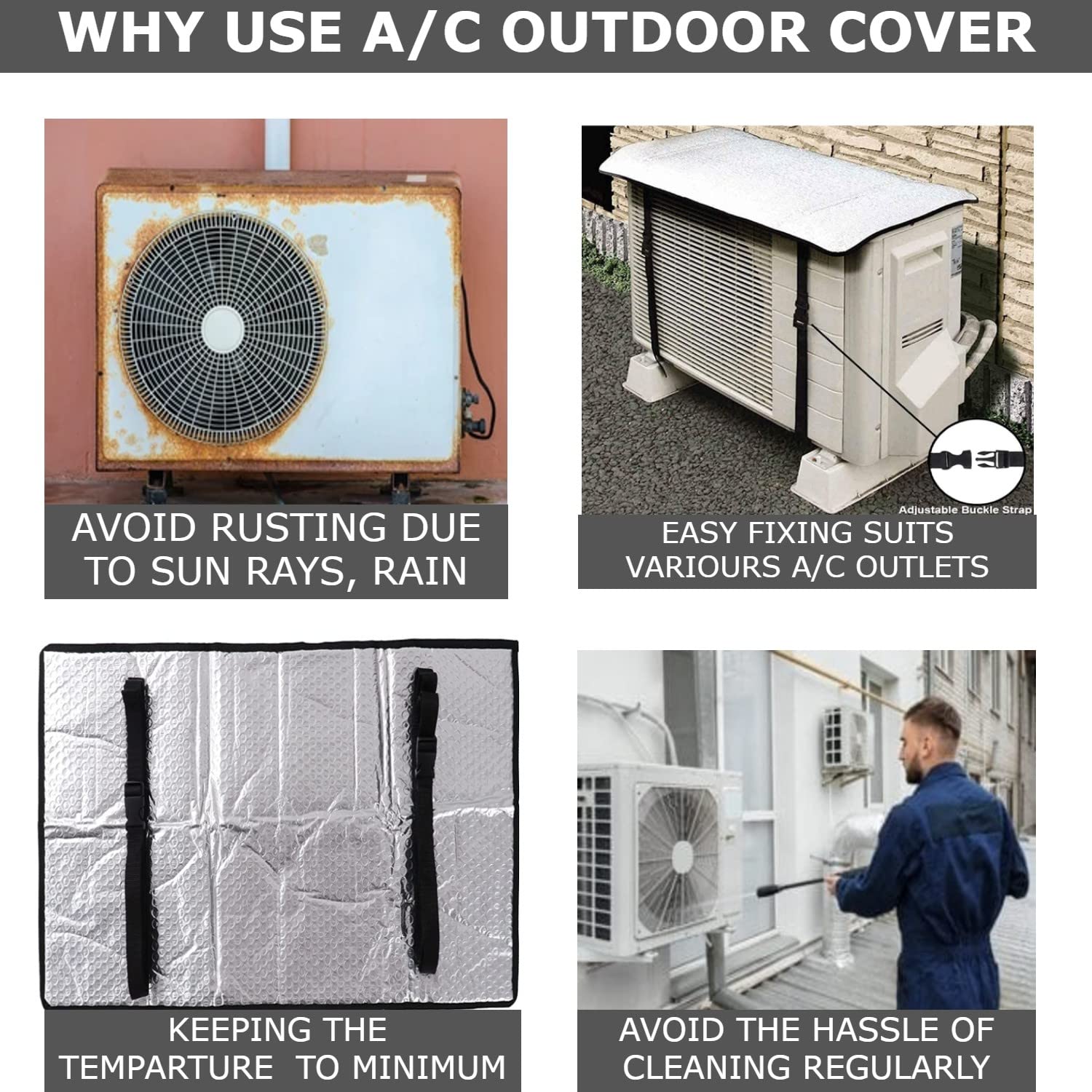 AC Outdoor Unit Sunshade Cover 3mm �Silver Foil Reflective Heat Shield & Dust Protector for Air Conditioner External Units  With Clip